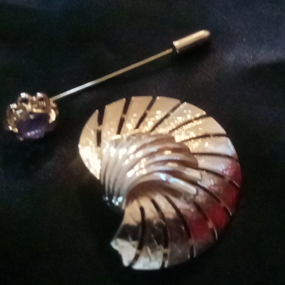 Vintage broach 1 feathered fan and 1 stick pin with amethyst crystal both gold.